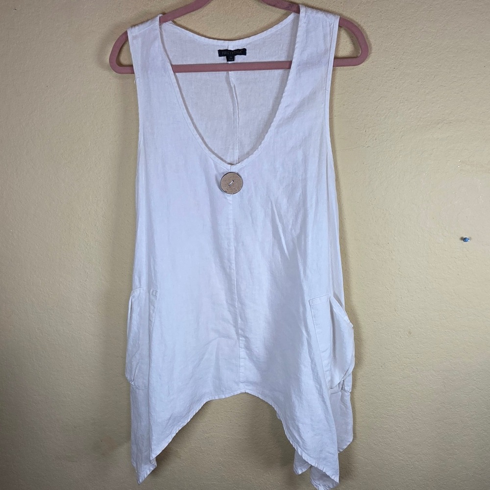 Womens White Linen Blend V-Neck coastal boho Sharkbite Hem Tunic Tank Top Medium